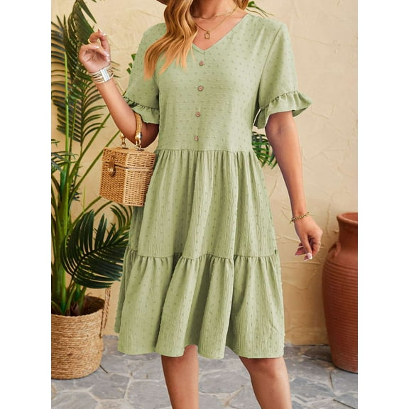 Gustave V Neck Short Sleeve Summer Dress for Women Ruffle Swiss Dot Mini Dresses Casual Boho A Line Flowy Sundress for Wedding Guest Christmas Party "Green, S"