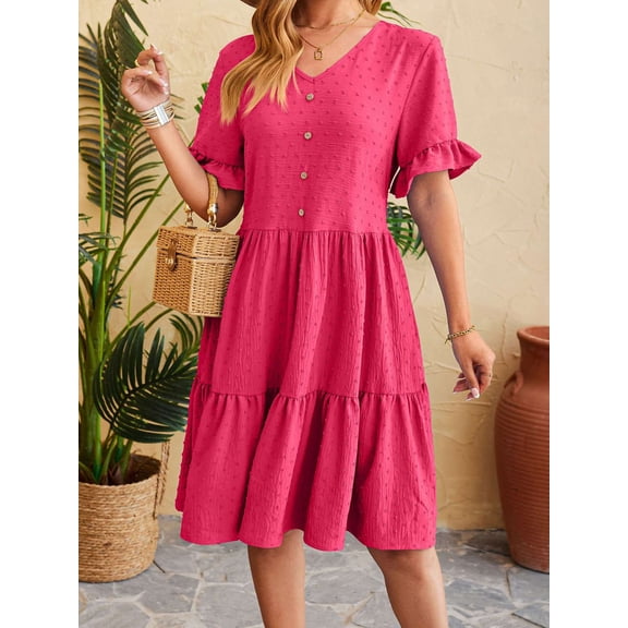 Gustave V Neck Short Sleeve Summer Dress for Women Ruffle Swiss Dot Mini Dresses Casual Boho A Line Flowy Sundress for Wedding Guest Christmas Party "Rose Red, M"