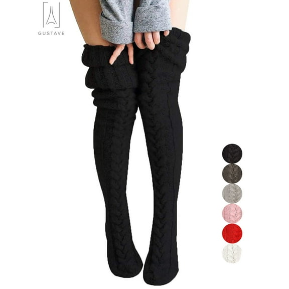Gustave Women's Wool Thigh High Stockings,Over The Knee High Socks Leggings, Winter Cable Knitted Stretchy Long Sockings "Black"