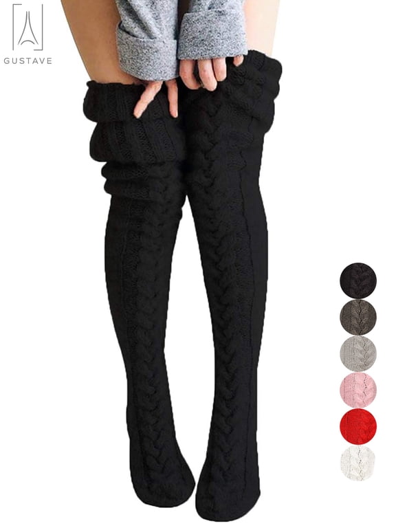 Women's Wool Thigh High Stockings,Over The Knee High Socks Leggings, Winter Cable Knitted Stretchy Long Sockings "Black"