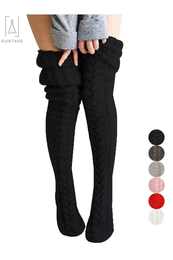 Women's Wool Thigh High Stockings,Over The Knee High Socks Leggings, Winter Cable Knitted Stretchy Long Sockings "Black"