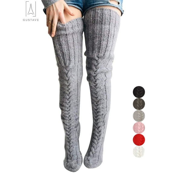 Gustave Women's Wool Thigh High Stockings,Over The Knee High Socks Leggings, Winter Cable Knitted Stretchy Long Sockings "Gray"