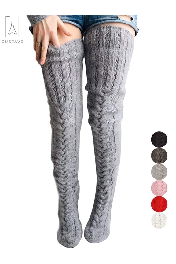 Women's Wool Thigh High Stockings,Over The Knee High Socks Leggings, Winter Cable Knitted Stretchy Long Sockings "Gray"
