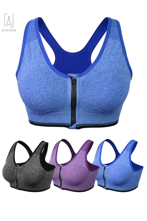 Women's Zip Front Close Sports Bra Seamless Wirefree Padded Racerback High Impact Workout Gym Yoga Bras Tank Top "L, Blue"