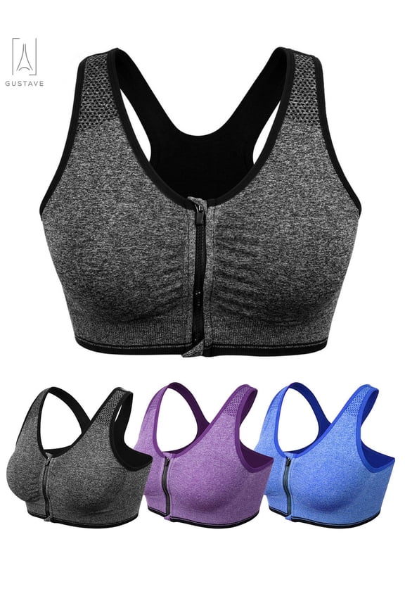 Women's Zip Front Close Sports Bra Seamless Wirefree Padded Racerback High Impact Workout Gym Yoga Bras Tank Top "M, Gray"