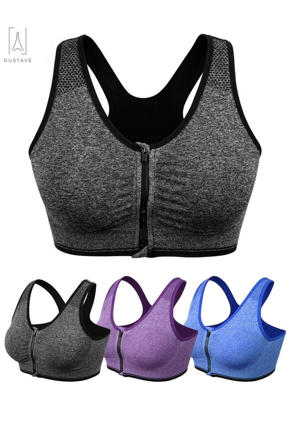 Women's Zip Front Close Sports Bra Seamless Wirefree Padded Racerback High Impact Workout Gym Yoga Bras Tank Top "XL, Gray"