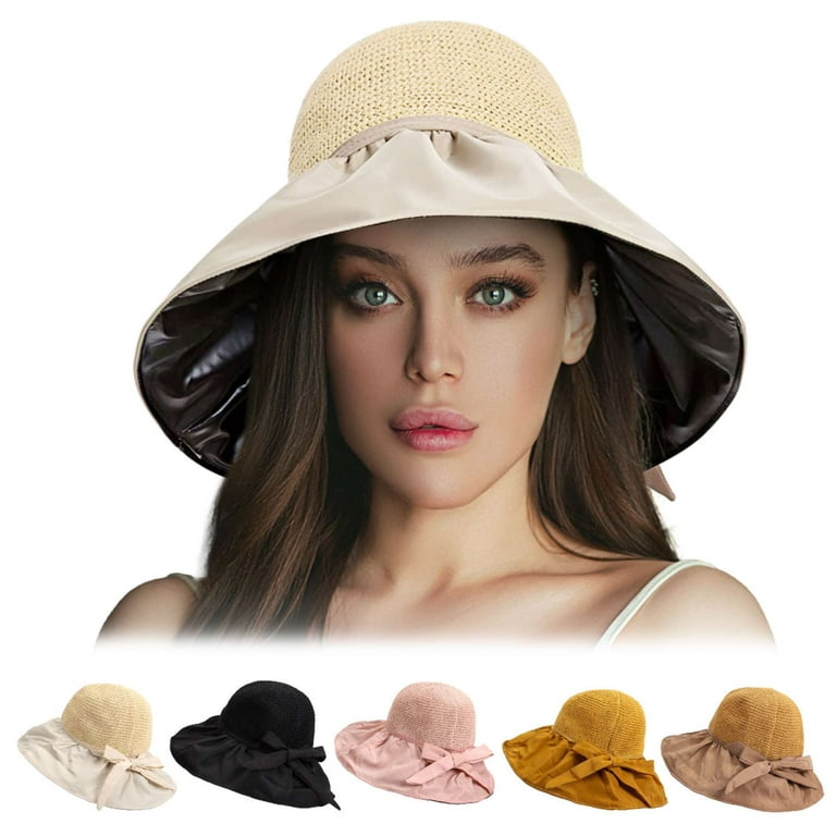 Gustave Womens Beach Sun Straw Hat UPF50+ Travel Foldable Wide Brim Summer  UV Hat Roll up Floppy Hat (Black)