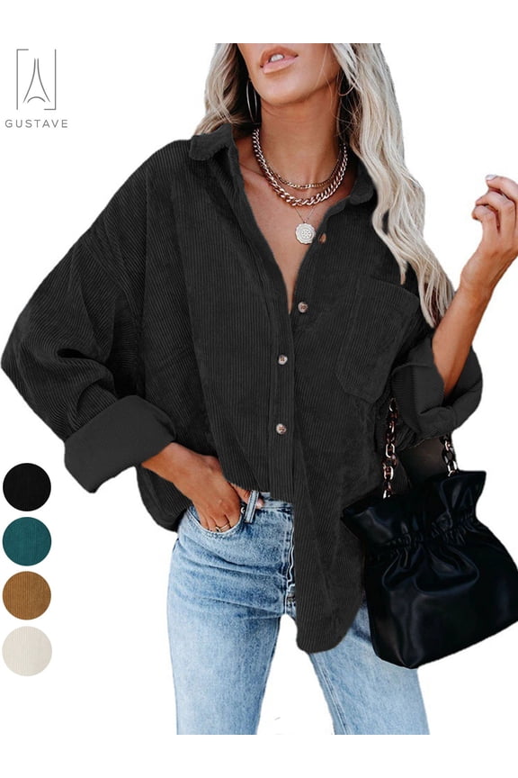 Womens Corduroy Button Down Boyfriend Shirts Long Sleeve Oversized Blouses Tops Coat Solid Color "Black,S"