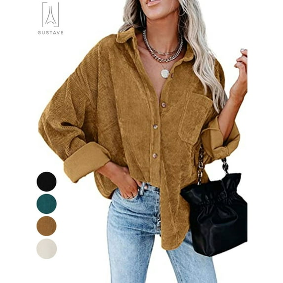 Gustave Womens Corduroy Button Down Boyfriend Shirts Long Sleeve Oversized Blouses Tops Coat Solid Color "Coffee,M"