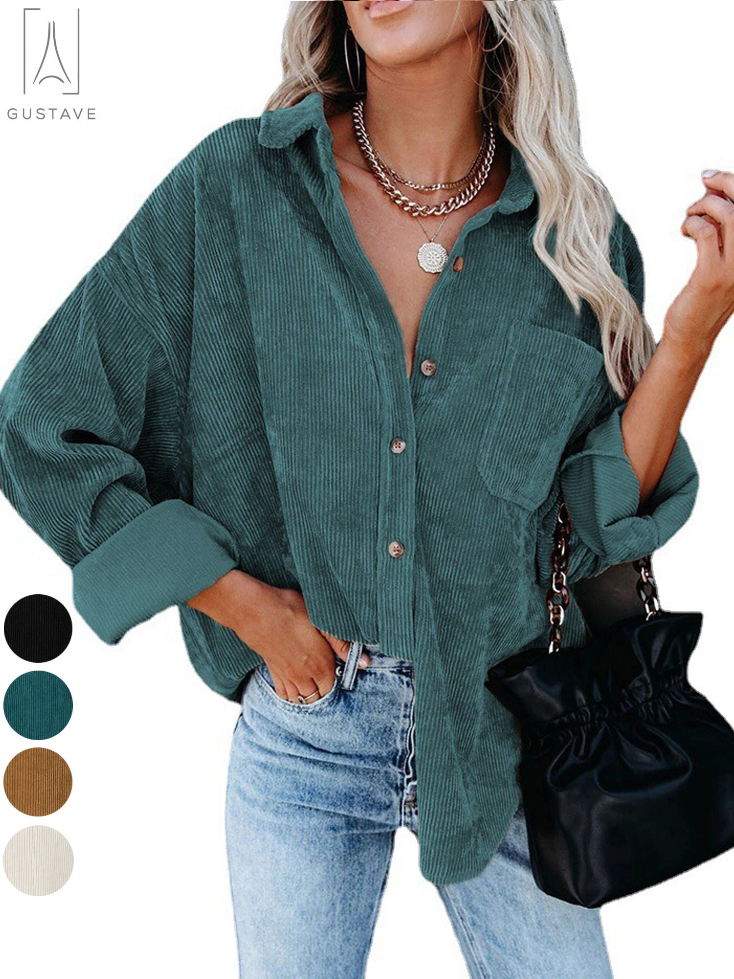 QPQ Women's Corduroy Button-Down Shirt - Oversized Boyfriend Blouse, Long Sleeve