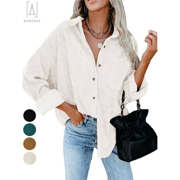 Gustave Womens Corduroy Button Down Boyfriend Shirts Long Sleeve Oversized Blouses Tops Coat Solid Color "White,L"