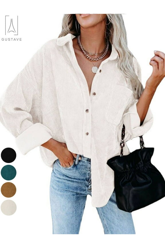 Womens Corduroy Button Down Boyfriend Shirts Long Sleeve Oversized Blouses Tops Coat Solid Color "White,S"