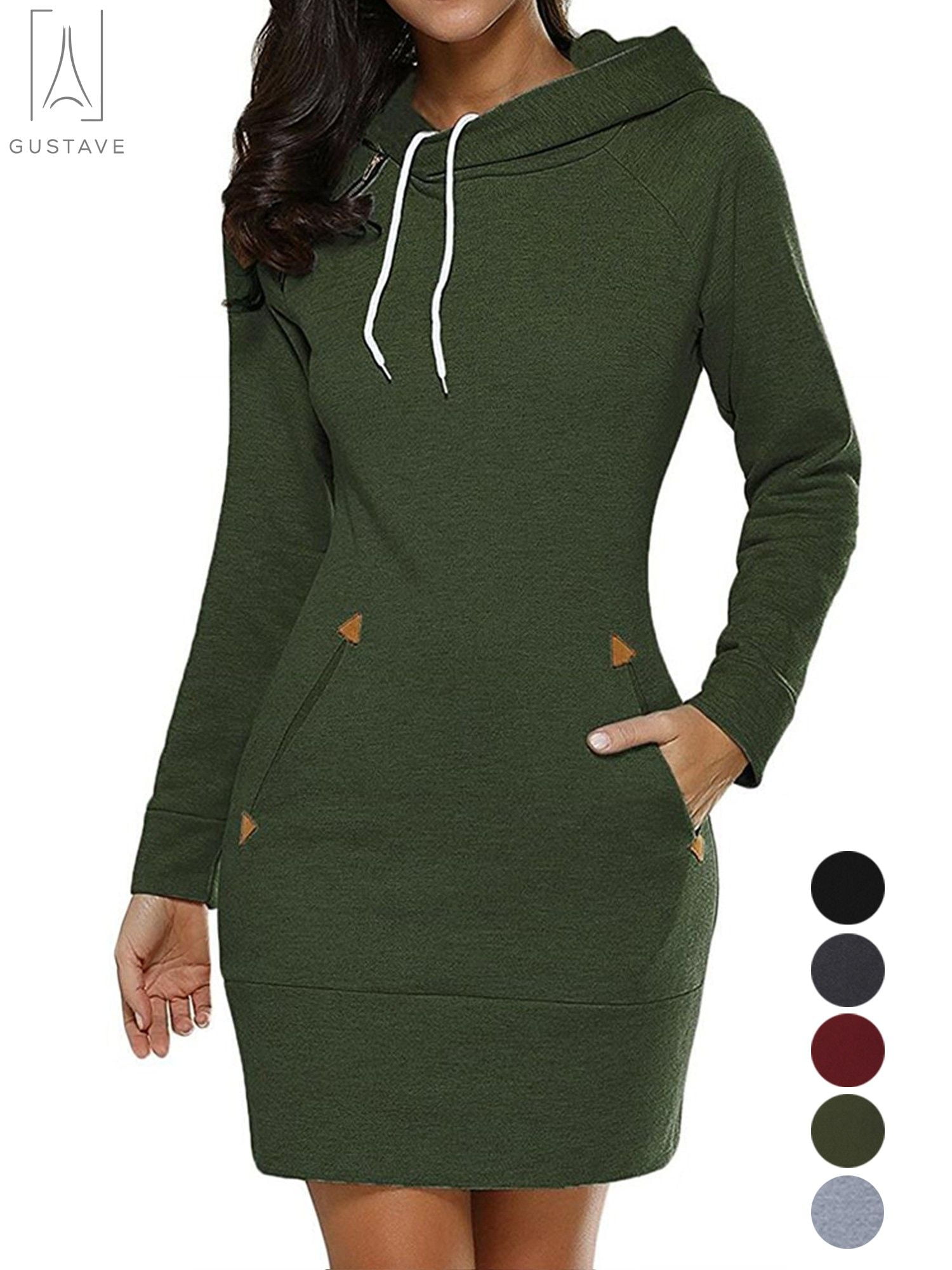 Gustave Womens Drawstring Long Sleeve Slim Midi Hoodie Dress