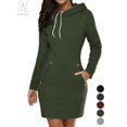 thumbnail image 1 of Gustave Womens Drawstring Long Sleeve Slim Midi Hoodie Dress Hooded Pullover Tunic Sweatshirt with Pockets (Green, XL), 1 of 4