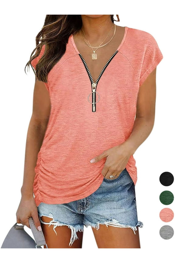 Womens Sexy Deep V Neck Tops Summer Short Sleeve Zipper Blouse Loose Casual Solid T Shirts Tunic "Pink, S"