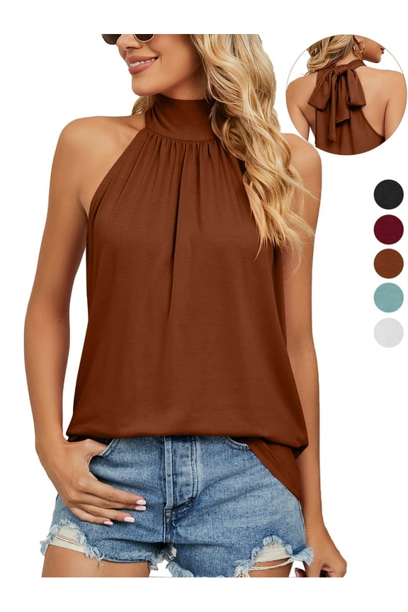 Womens Sleeveless Tie Halter Tops Summer High Neck Tank Tops Casual Elegant Vest Shirts Blouses "Caramel, S"