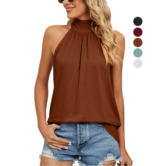 Gustave Womens Sleeveless Tie Halter Tops Summer High Neck Tank Tops Casual Elegant Vest Shirts Blouses "Caramel, XL"