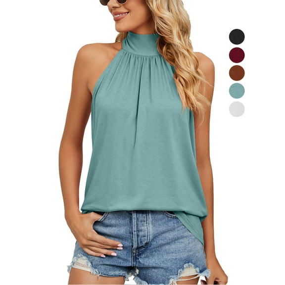 Gustave Womens Sleeveless Tie Halter Tops Summer High Neck Tank Tops Casual Elegant Vest Shirts Blouses "Green, L"