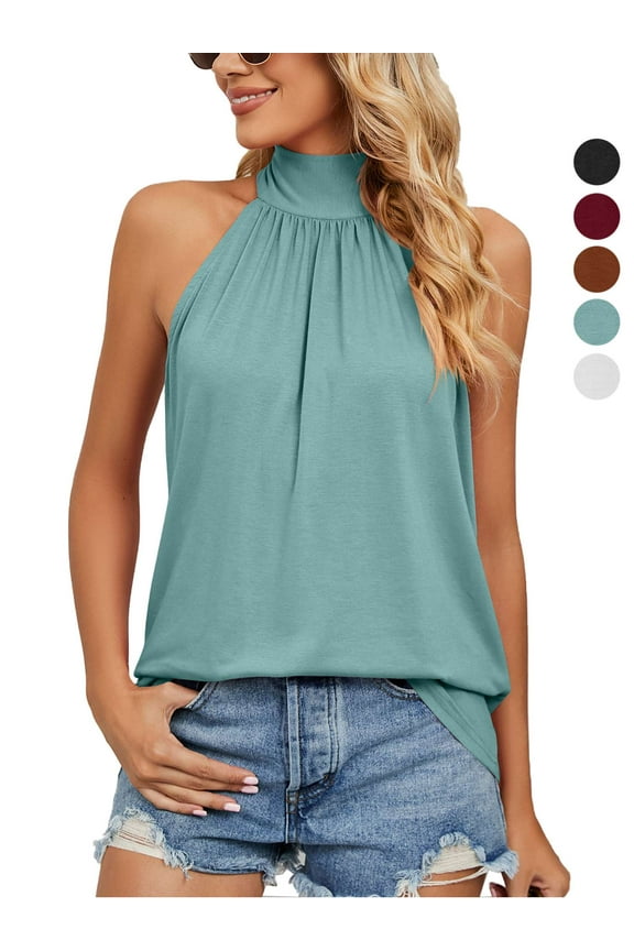 Womens Sleeveless Tie Halter Tops Summer High Neck Tank Tops Casual Elegant Vest Shirts Blouses "Green, L"