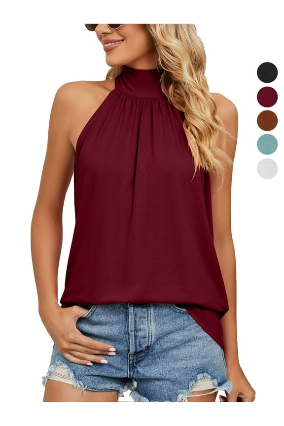 Womens Sleeveless Tie Halter Tops Summer High Neck Tank Tops Casual Elegant Vest Shirts Blouses "Red, L"