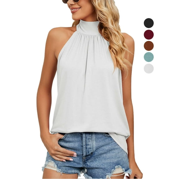 Gustave Womens Sleeveless Tie Halter Tops Summer High Neck Tank Tops Casual Elegant Vest Shirts Blouses "White, L"