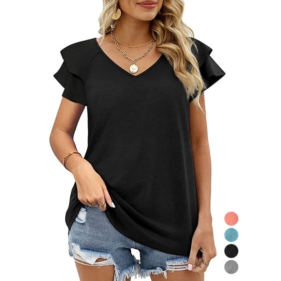 Gustave Womens Summer Tops Ruffle Short Sleeve Tunic V Neck T-Shirts Casual Tee Shirts Loose Fit (Black, 2XL)
