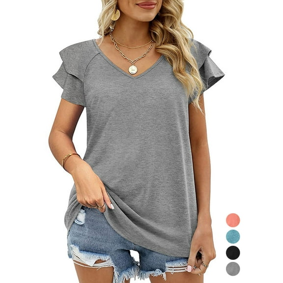 Gustave Womens Summer Tops Ruffle Short Sleeve Tunic V Neck T-Shirts Casual Tee Shirts Loose Fit (Gray, L)