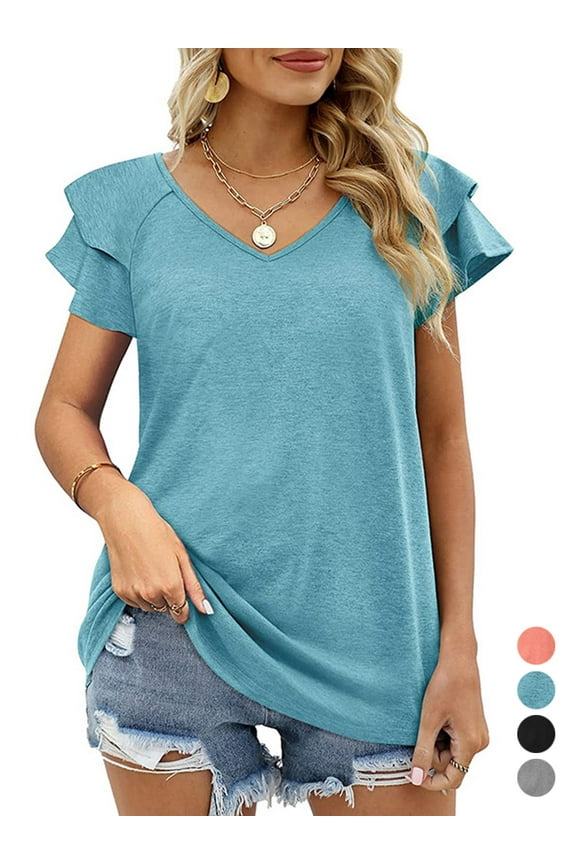 Womens Summer Tops Ruffle Short Sleeve Tunic V Neck T-Shirts Casual Tee Shirts Loose Fit (Turquoise, S)