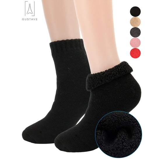 Gustave Womens Winter Cotton Socks Thick Fuzzy Lined Soft Warm Cozy Crew Socks Solid Casual Thermal Sock Xmas Gift "Black, 1 Pair"
