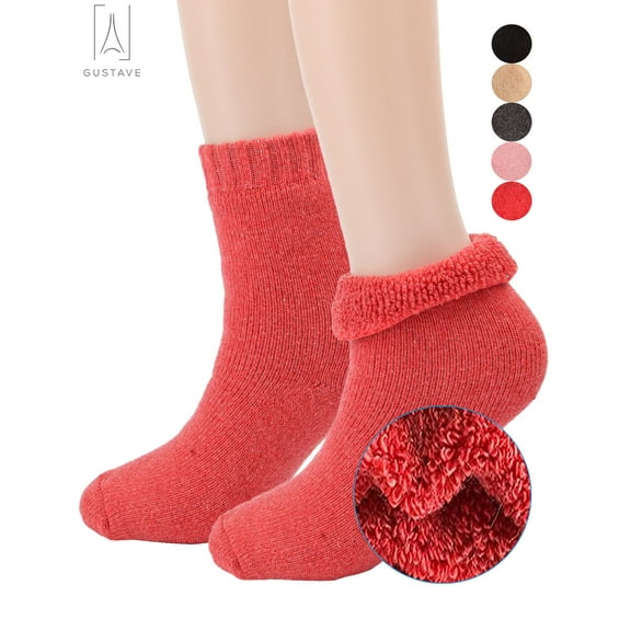 Gustave Womens Winter Cotton Socks Thick Fuzzy Lined Soft Warm Cozy Crew Socks Solid Casual Thermal Sock Xmas Gift "Red, 1 Pair"