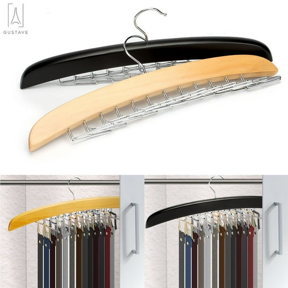 Gustave Wooden Tie and Belt Hanger Horizontal Necktie Holder Organizer and Storage Rack with 24 Hooks for Ties, Belts, and Scarves