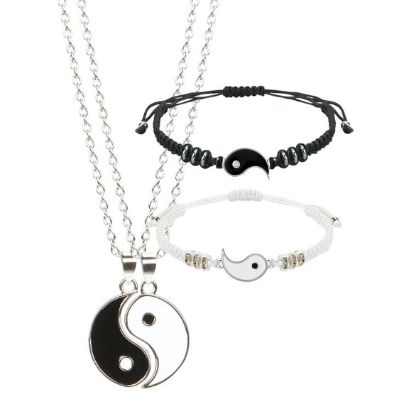 Gustave Yin Yang Friend or Couple Bracelet with Necklace Set, 2 Pieces Matching Tai Chi Adjustable Cord Bracelet, 2 Pieces Tai Chi Couple Pendant Necklace Chain