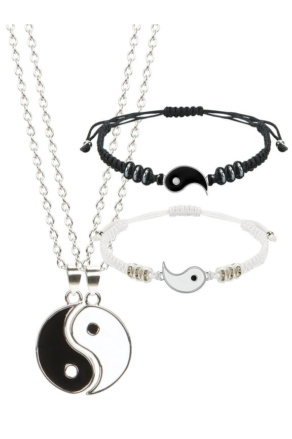 Yin Yang Friend or Couple Bracelet with Necklace Set, 2 Pieces Matching Tai Chi Adjustable Cord Bracelet, 2 Pieces Tai Chi Couple Pendant Necklace Chain