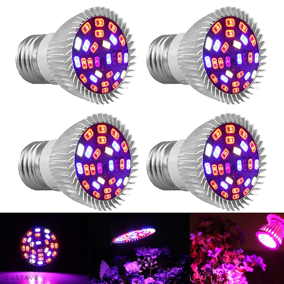 GustaveDesign 1/2/4 Pack Full Spectrum E27 Plants Grow Light, 260V UV Light Bulbs Plant