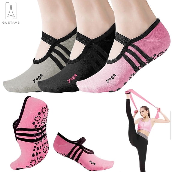 GustaveDesign 1 Pair Non Slip Yoga Socks for Women, Anti-Skid Full Toe Socks with Grips & Straps for Ballet Pilates Barre Dance Workout Fitness Indoor (Gray)