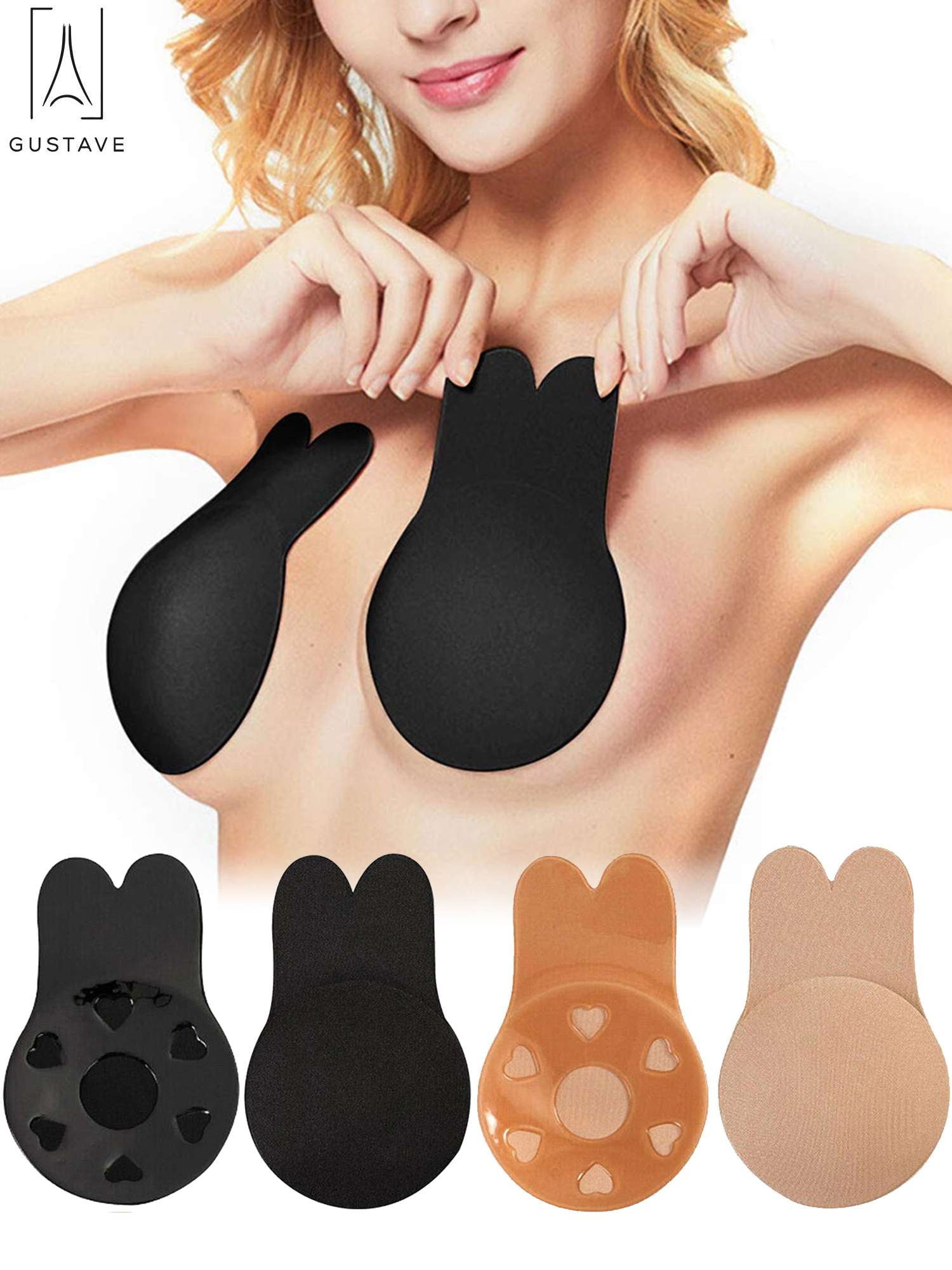 Gustavedesign 2 Pack Women's Strapless Backless Self Adhesive Bra Push Up  Silicone Invisible Bras with Drawstring Suit For Dress Wedding Party D Cup