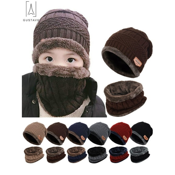 GustaveDesign 2 Pieces Kids Winter Warm Knitted Hat and Scarf, Knit Beanie Cap Fleece Lining Thick Knit Skull Cap for Boys and Girls "Brown"