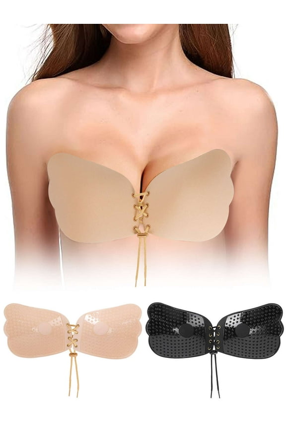 Design 2pcs Women's Strapless Invisible Bra Push Up Self Adhesive Bra Silicone Bras with Drawstring Sticky for Dess Wedding Party "Black & Skin,C Cup"
