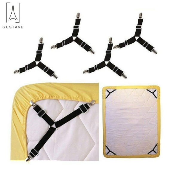 "GustaveDesign 4Pcs Adjustable Triangle Elastic Gripper Bed Sheet Corner Straps Suspenders Mattress Fastener (Black)"