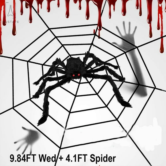 GustaveDesign 9.84ft Giant Round Spider Web & 4.1ft Plush Spider, Scary Halloween Yard Door & Outdoor Decor Party Favors "9.84FT Black Spider Web & 4.1ft Spider"