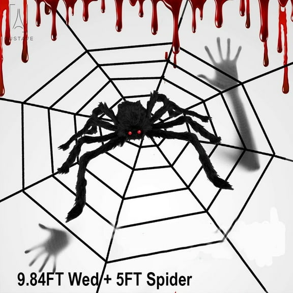 GustaveDesign 9.84ft Giant Round Spider Web & 5ft Plush Spider, Scary Halloween Yard Door & Outdoor Decor Party Favors "9.84FT Black Spider Web & 5ft Spider"