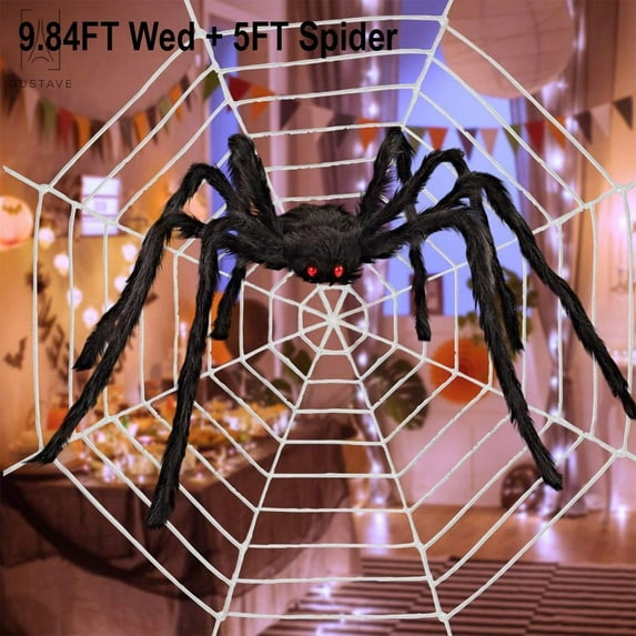 GustaveDesign 9.84ft Giant Round Spider Web & 5ft Plush Spider, Scary Halloween Yard Door & Outdoor Decor Party Favors "9.84FT White Spider Web & 5ft Spider"