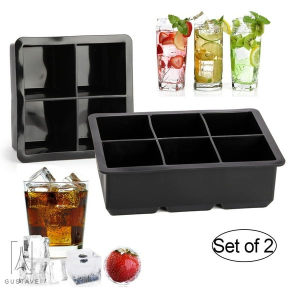 GustaveDesign Ice Cube Trays (Set of 2) Large Silicone Ice Maker Molds for Whiskey and Cocktails (4 Slot Block & 6 Slot Block)