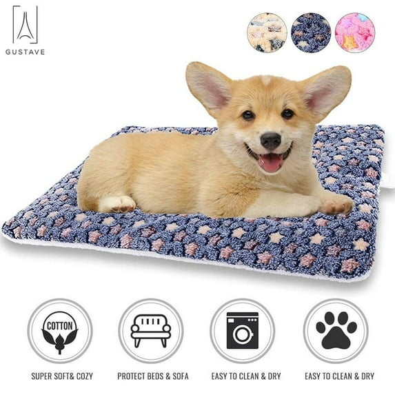 Gustave Dog Pet Sleep Mat Soft Warm Reversible Fleece Crate Bed Mat Kennel Pad Cage Cushion for Large Small Medium Dog Cat "Blue, L"