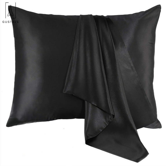 GustaveDesign Satin Silk Pillowcase for Hair and Skin Health, Both Sides Silk Pillow Cover with Envelope Closure (Black,King)