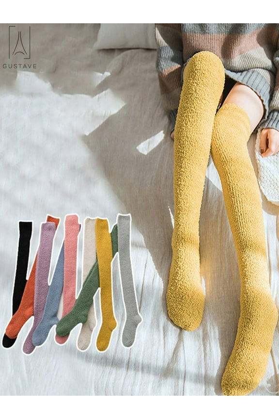Design Women's Thicken Velvet Stockings, Extra Long Over High Knee Coral Fleece Socks, Fuzzy Slipper Socks for Christmas Gifts "Yellow"