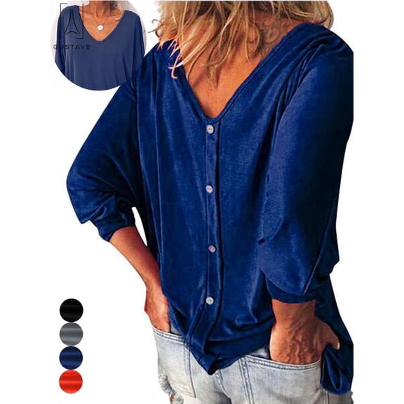 GustaveDesign Womens Plus Size V Neck Loose Blouse 3/4 Sleeve Back Buttons T Shirts Casual Solid Tops For Summer Fall "Blue, L"