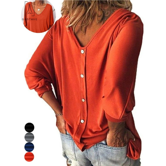 GustaveDesign Womens Plus Size V Neck Loose Blouse 3/4 Sleeve Back Buttons T Shirts Casual Solid Tops For Summer Fall "Orange, M"