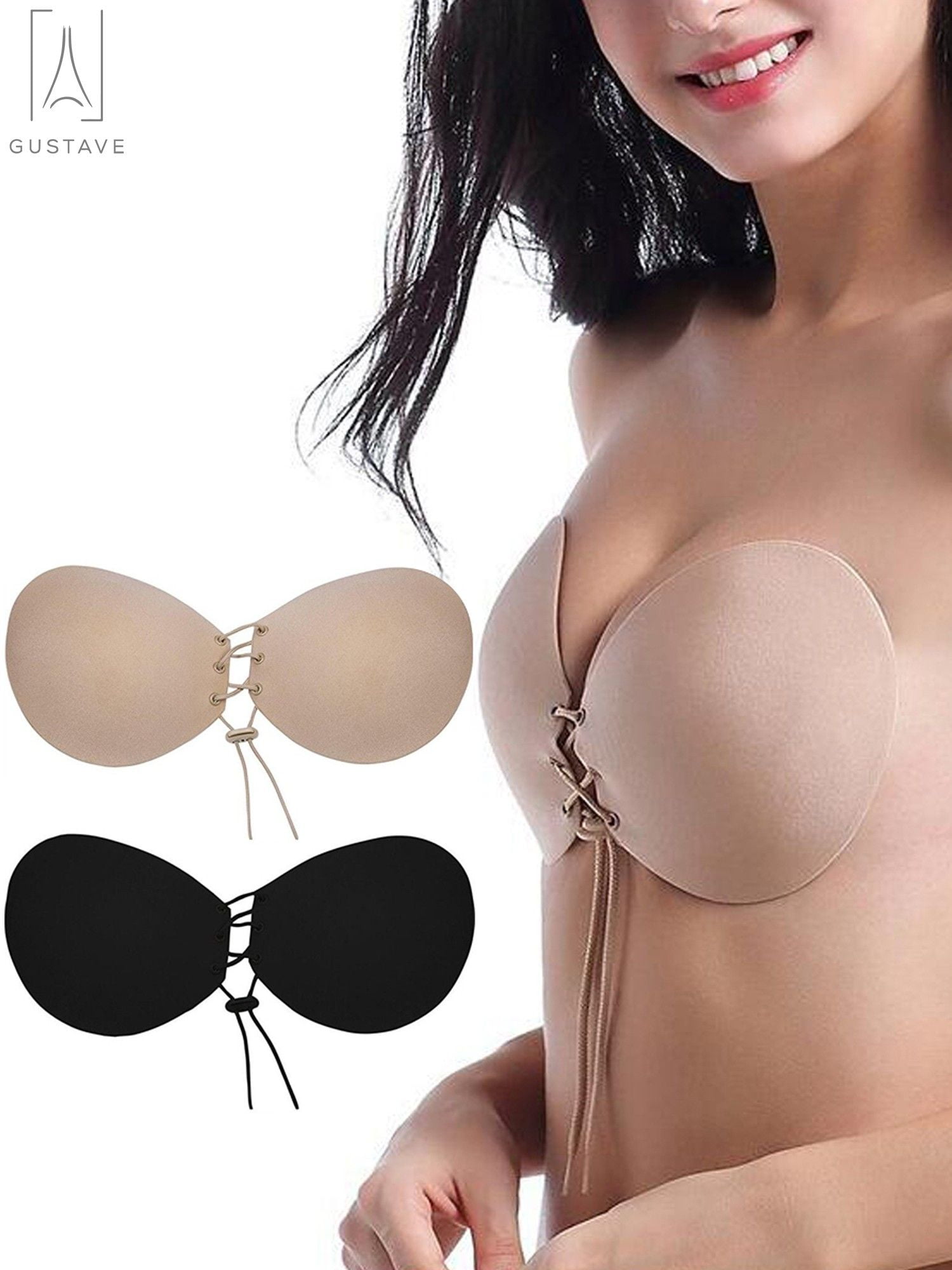 Gustavedesign Self Adhesive Bra Strapless Sticky Invisible Push up Silicone  Bra for Backless Dress with Drawstring Suit B Cup,Black 