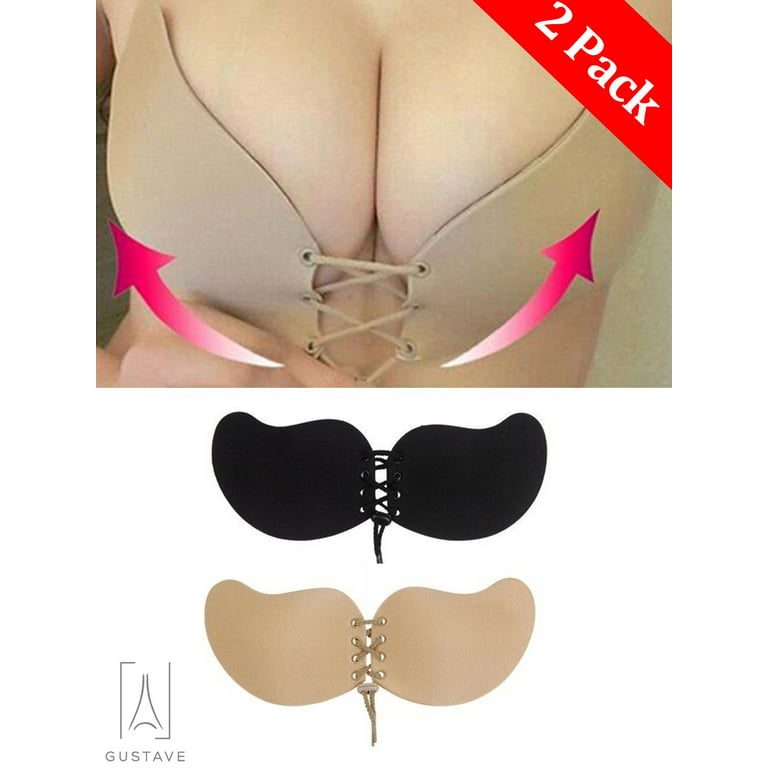 Gustavedesign 2 Pack Women's Strapless Backless Self Adhesive Bra Push Up  Silicone Invisible Bras with Drawstring Suit For Dress Wedding Party D Cup